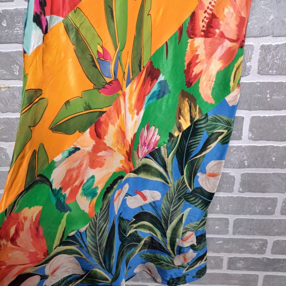 Farm Rio Ruffled Floral Print Satin Crepe De Chine Midi Dress Size Small - Picture 9 of 16